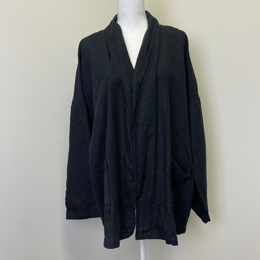 Eileen Fisher Jacket XL Black Linen Kimono Open Front Shawl Collar Lightweight